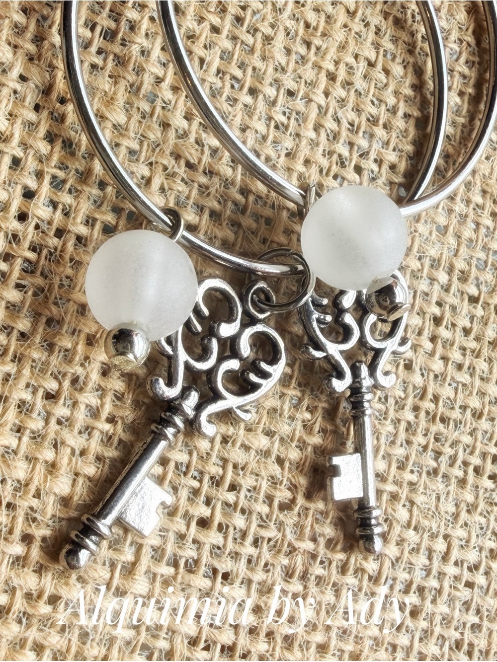 KEEPSAKE Silver Key Hoop Earrings with Frosted White SELENITE Beads